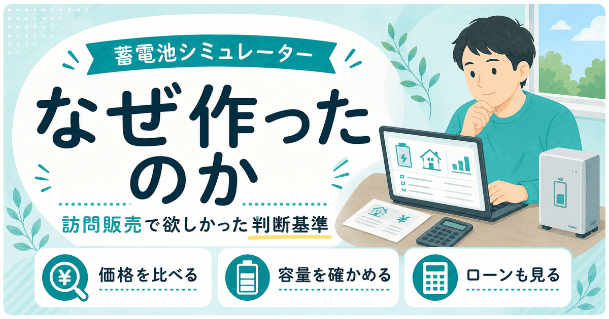 見積書と蓄電池を前にシミュレーターを作る運営者を表したイラスト